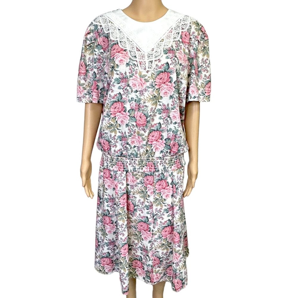 Vintage Stuart Alan Petites Womens 16P Foral Blouse Lace Collar & Skirt Set